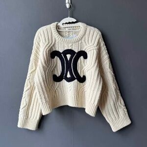 Celine Cream Knit Sweater with Black Emblem